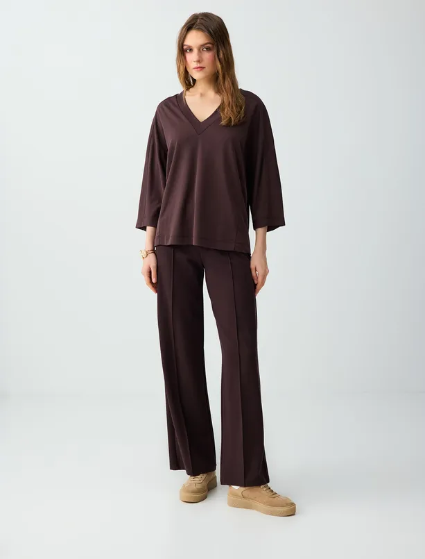 Bayan Kahverengi Rahat Kesim V Yaka Truvakar Kol Örme Modal Bluz