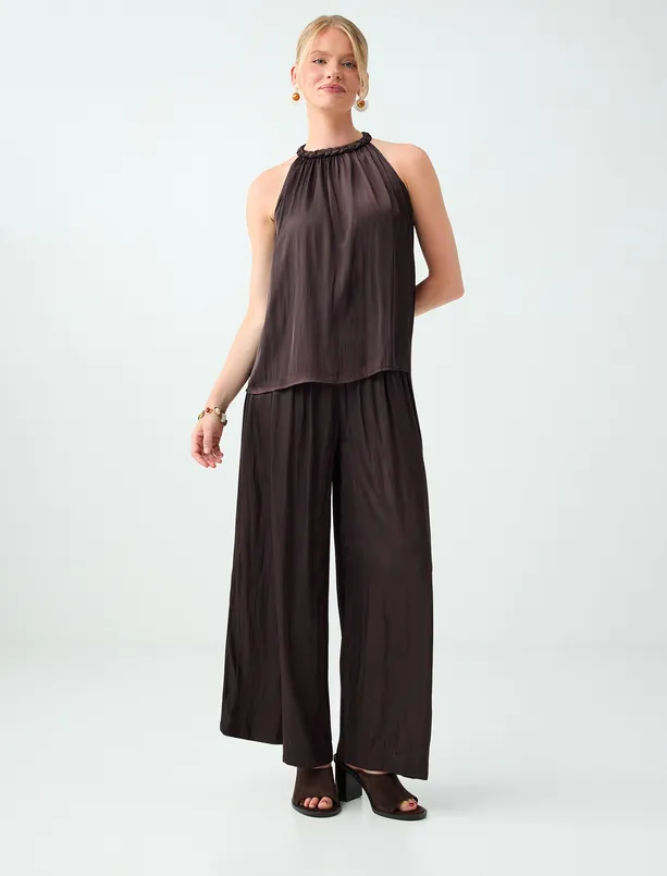 Women Brown Sleeveless Satin Blouse with a Boat Neck