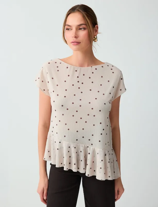 Women  Boat Neck Polka Dot Mesh Blouse