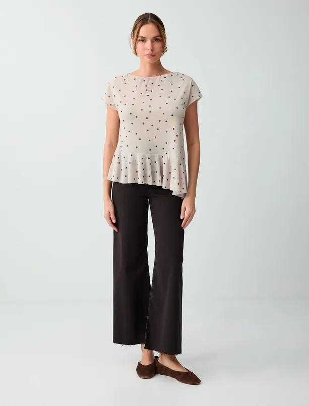 Women Beige Boat Neck Polka Dot Mesh Blouse
