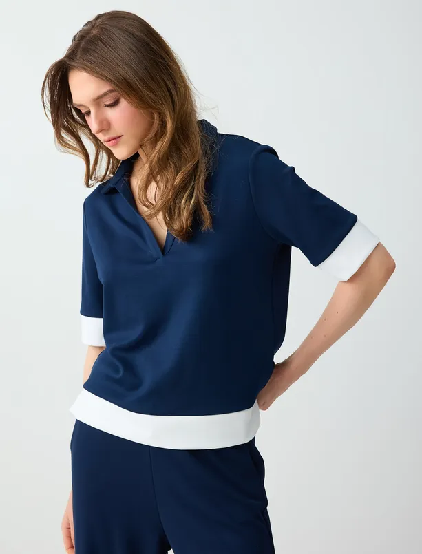 Bayan  Polo Yaka Truvakar Kol Modal Örme Bluz