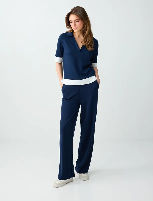 Bayan Lacivert Polo Yaka Truvakar Kol Modal Örme Bluz