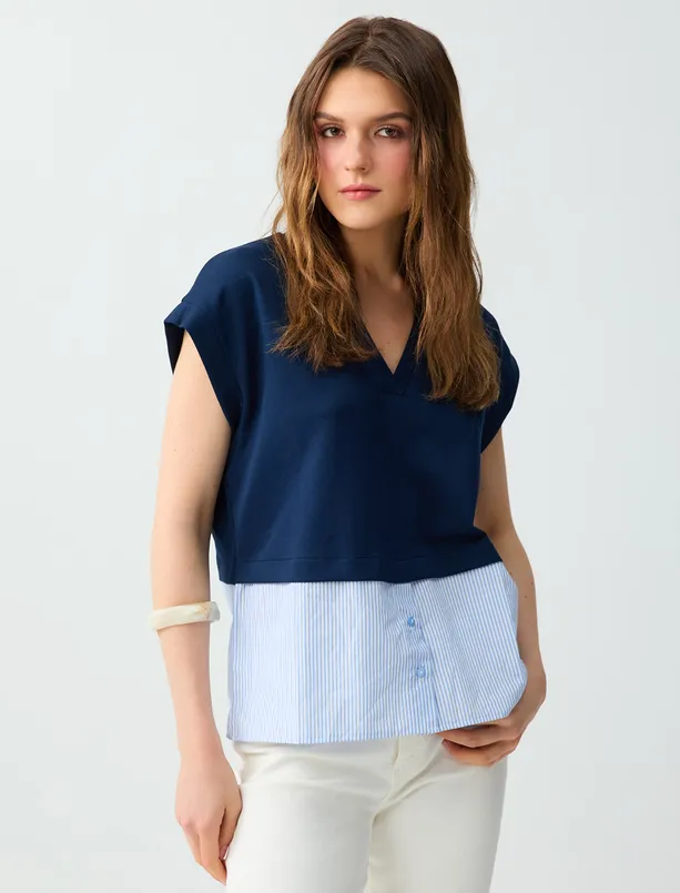 Bayan  V Yaka Düşük Omuz Etek Ucu Gömlek Detaylı Örme Bluz