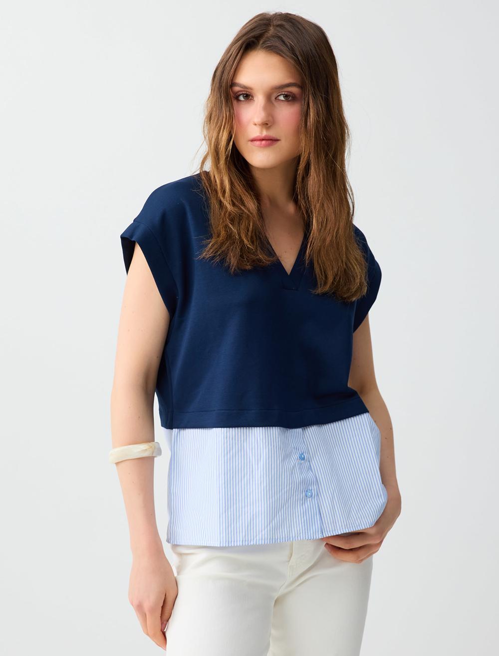 V Yaka Düşük Omuz Etek Ucu Gömlek Detaylı Örme Bluz