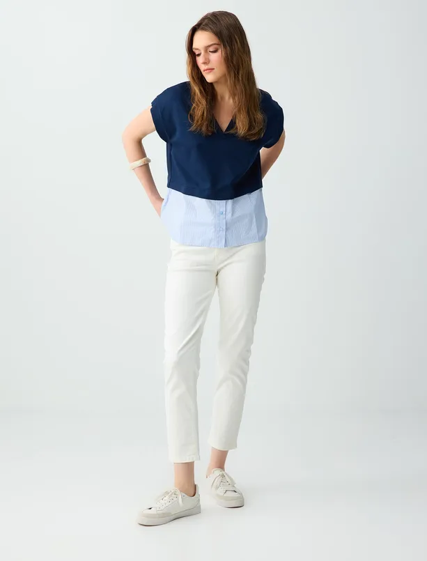 Bayan Lacivert V Yaka Düşük Omuz Etek Ucu Gömlek Detaylı Örme Bluz