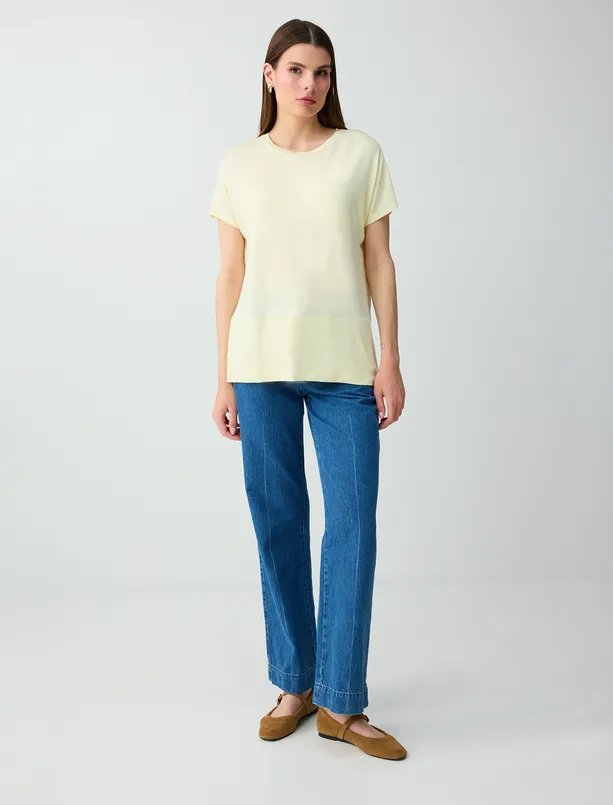 Women Yellow Relaxed Fit Round Neck Low Shoulder Knitted Blouse