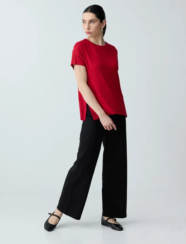 Bayan Kırmızı Rahat Kesim Yuvarlak Yaka Düşük Omuz Örme Bluz