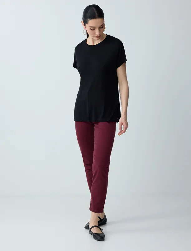 Bayan Siyah Rahat Kesim Yuvarlak Yaka Düşük Omuz Örme Bluz