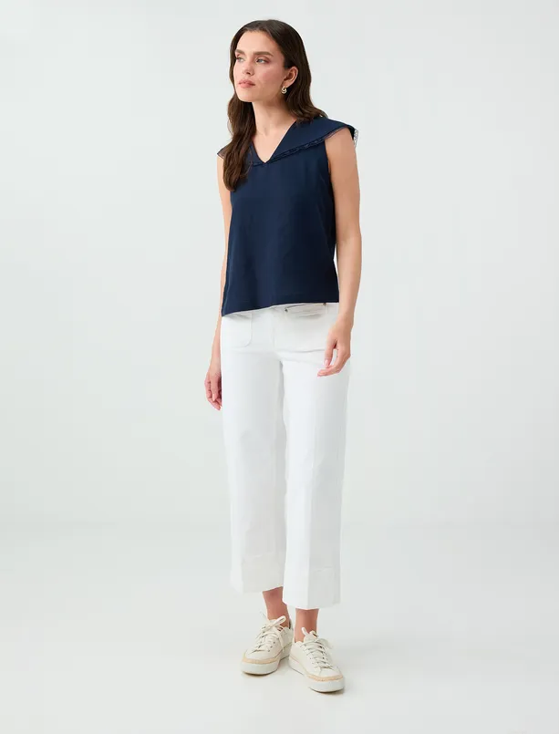 Women Dark Blue Linen Blend V-Neck Lace Detailed Blouse