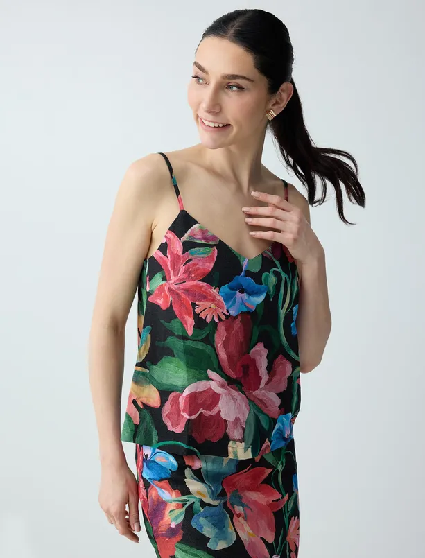 Bayan  Keten Karışımlı Çiçek Desenli V Yaka Dokuma Bluz