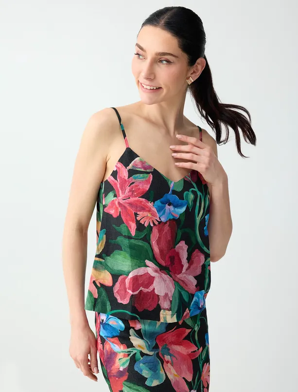 Bayan  Keten Karışımlı Çiçek Desenli V Yaka Dokuma Bluz