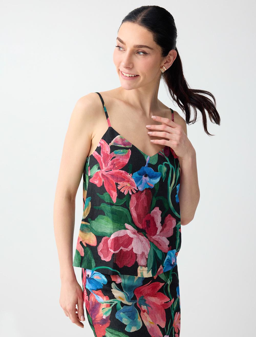 Keten Karışımlı Çiçek Desenli V Yaka Dokuma Bluz