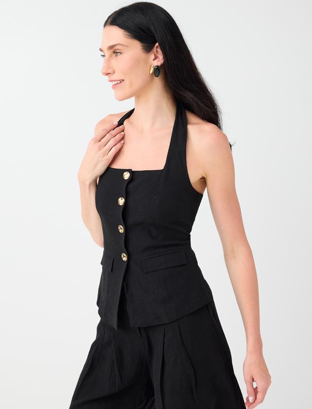 Linen-Blend Vest with Metal Button Details