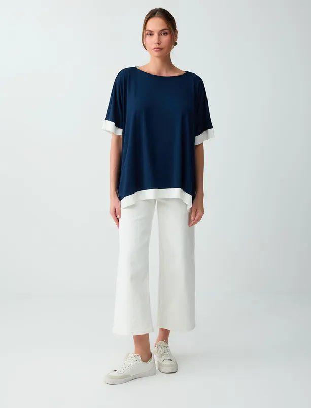 Women Dark Blue Round Neck Low Shoulder Loose Fit Blouse