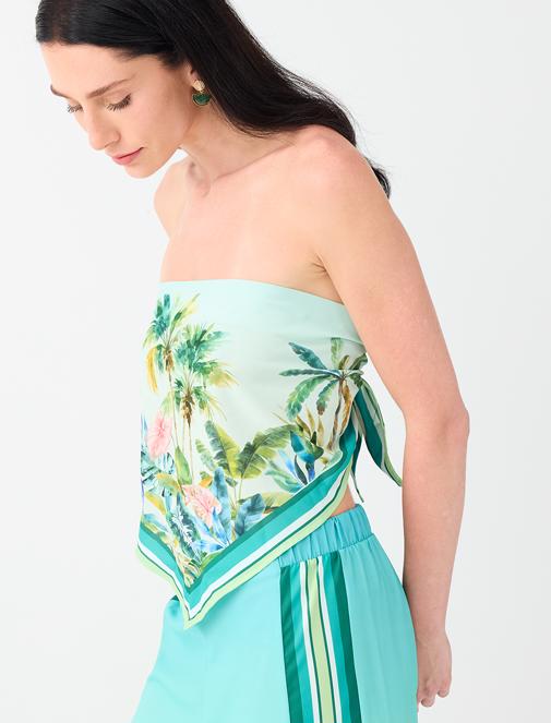Tropical-Print Tie-Front Satin Blouse Outfit