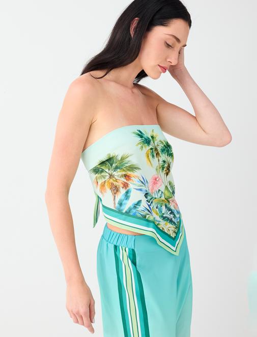 Tropical-Print Tie-Front Satin Blouse Outfit