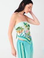Tropical-Print Tie-Front Satin Blouse Outfit