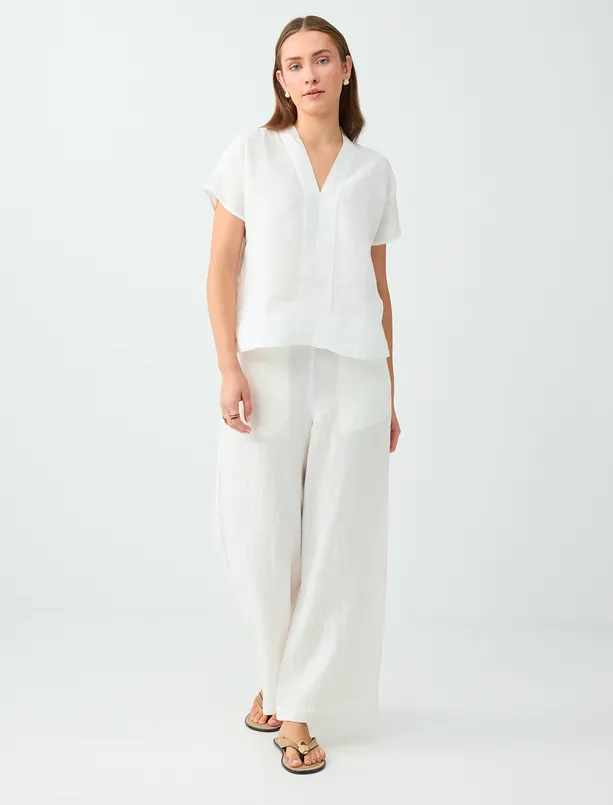 Women White 100% Linen V-Neck Off-the-Shoulder Blouse