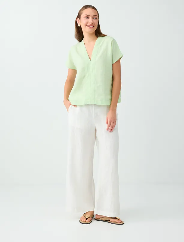 Women Green 100% Linen V-Neck Off-the-Shoulder Blouse