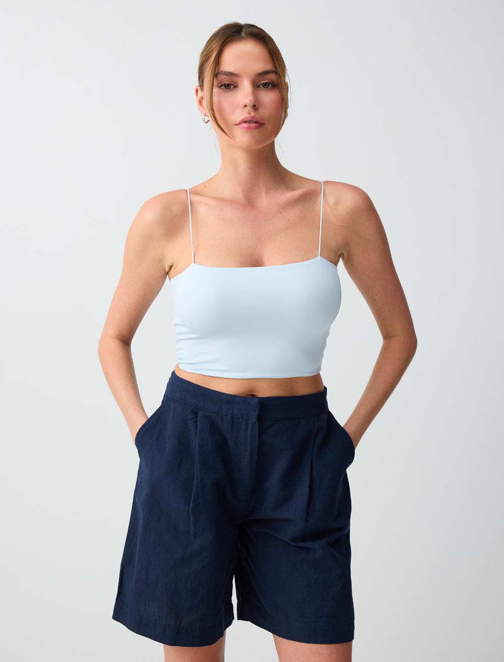 Dar Kesim Açık Yaka Kısa Örme Bralet
