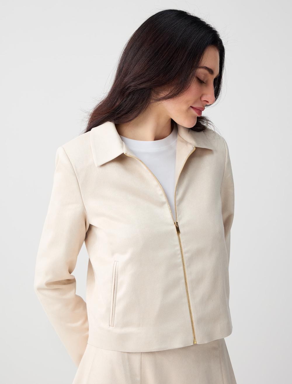 Gömlek Yaka Fermuar Detaylı Cepli Dokuma Ceket