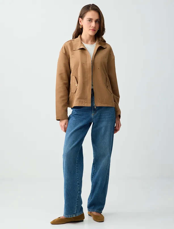 Bayan Deve Tüyü Rahat Kesim Cep Detaylı Beli Lastikli Dokuma Ceket