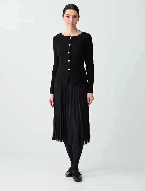 Bayan Siyah Dar Kesim Kayık Yaka Örme Ceket