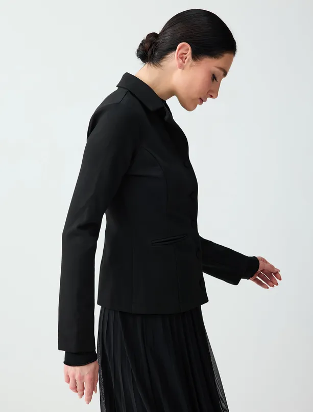 Women Black Slim Fit Knitted Jacket with Button Detail