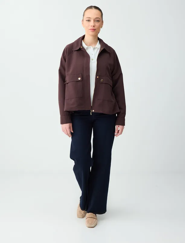 Bayan Kahverengi Rahat Kesim Cep Detaylı Dokuma Ceket