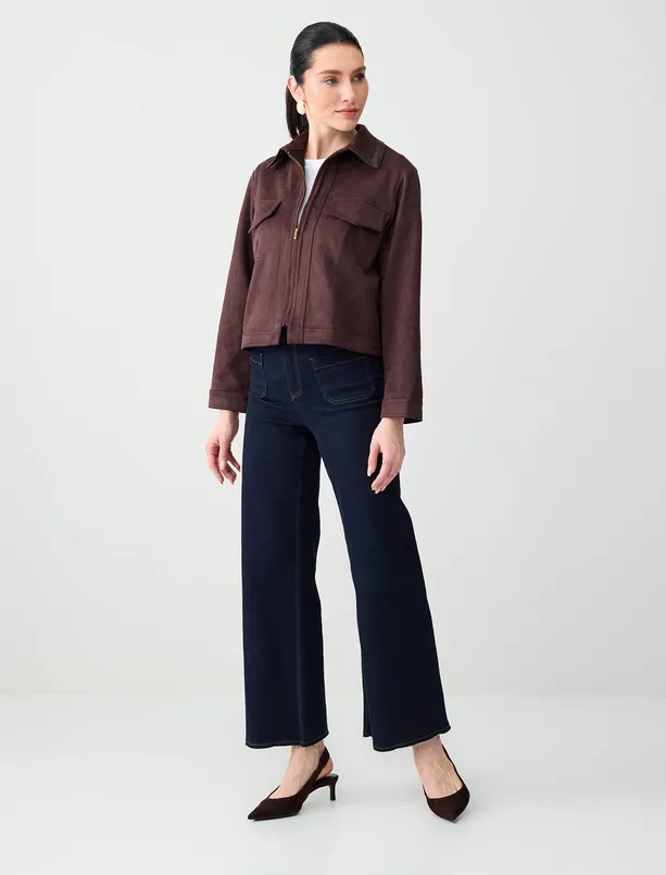 Bayan Kahverengi Polo Yaka Fermuar Detaylı Süet Ceket