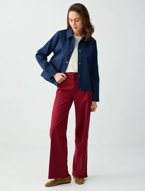 Bayan Lacivert Cep Detaylı Çıtçıtlı Dokuma Ceket