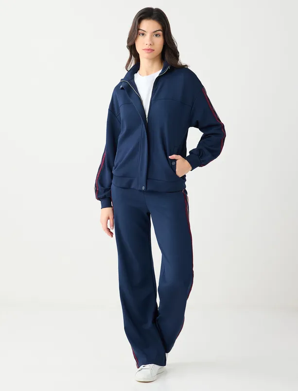 Bayan Lacivert Düz Kesim Cep Detaylı Fermuarlı Modal Ceket