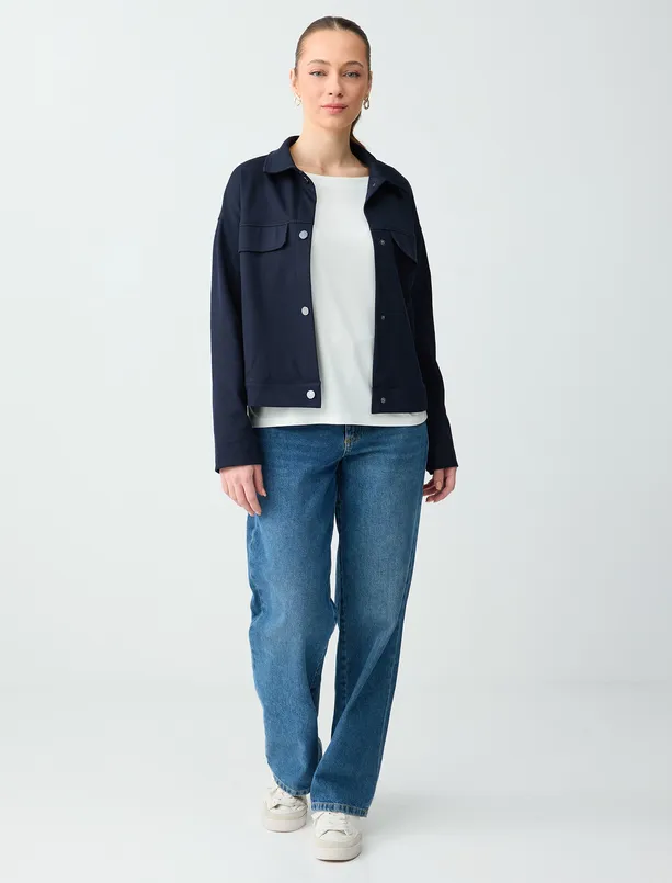 Women Dark Blue Straight Cut Long Sleeve Knitted Jacket with Snap Detail