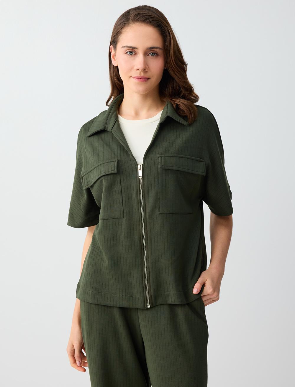 Cep Detaylı Çizgili Modal Örme Ceket