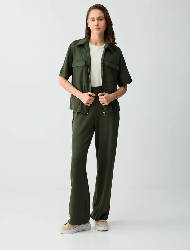 Women Haki Striped Modal Knitted Jacket with Pocket Detail