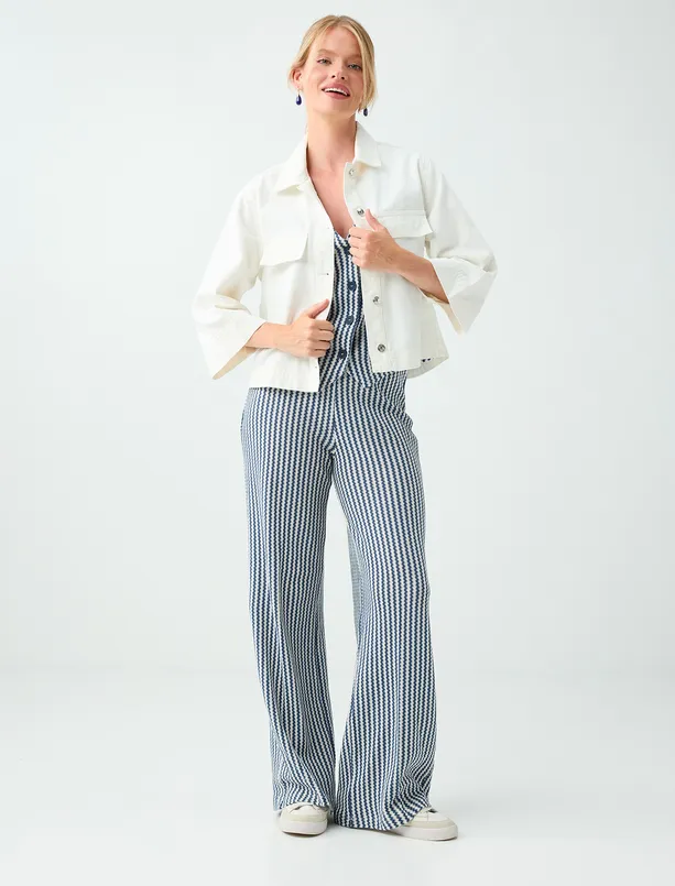 Bayan Beyaz %100 Pamuk Cep Detaylı Denim Ceket