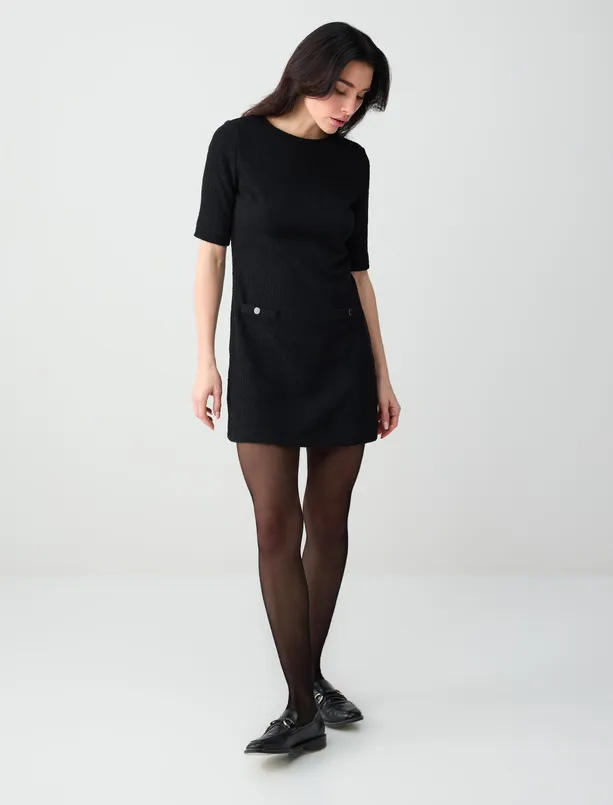 Bayan Siyah Kısa Kollu Bisiklet Yaka Düz Kesim Örme Elbise