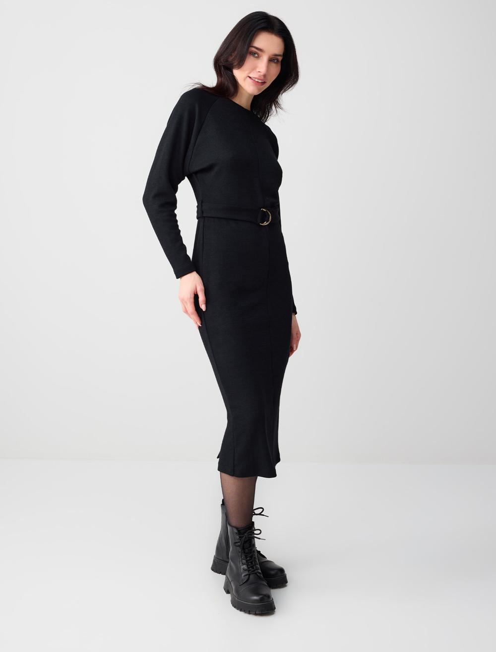 Kemer Detaylı Bisiklet Yaka Yarasa Kol Midi Elbise