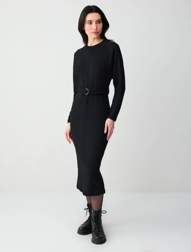 Women Black Crew Neck Batwing Sleeve Midi Dress with Belt Detail