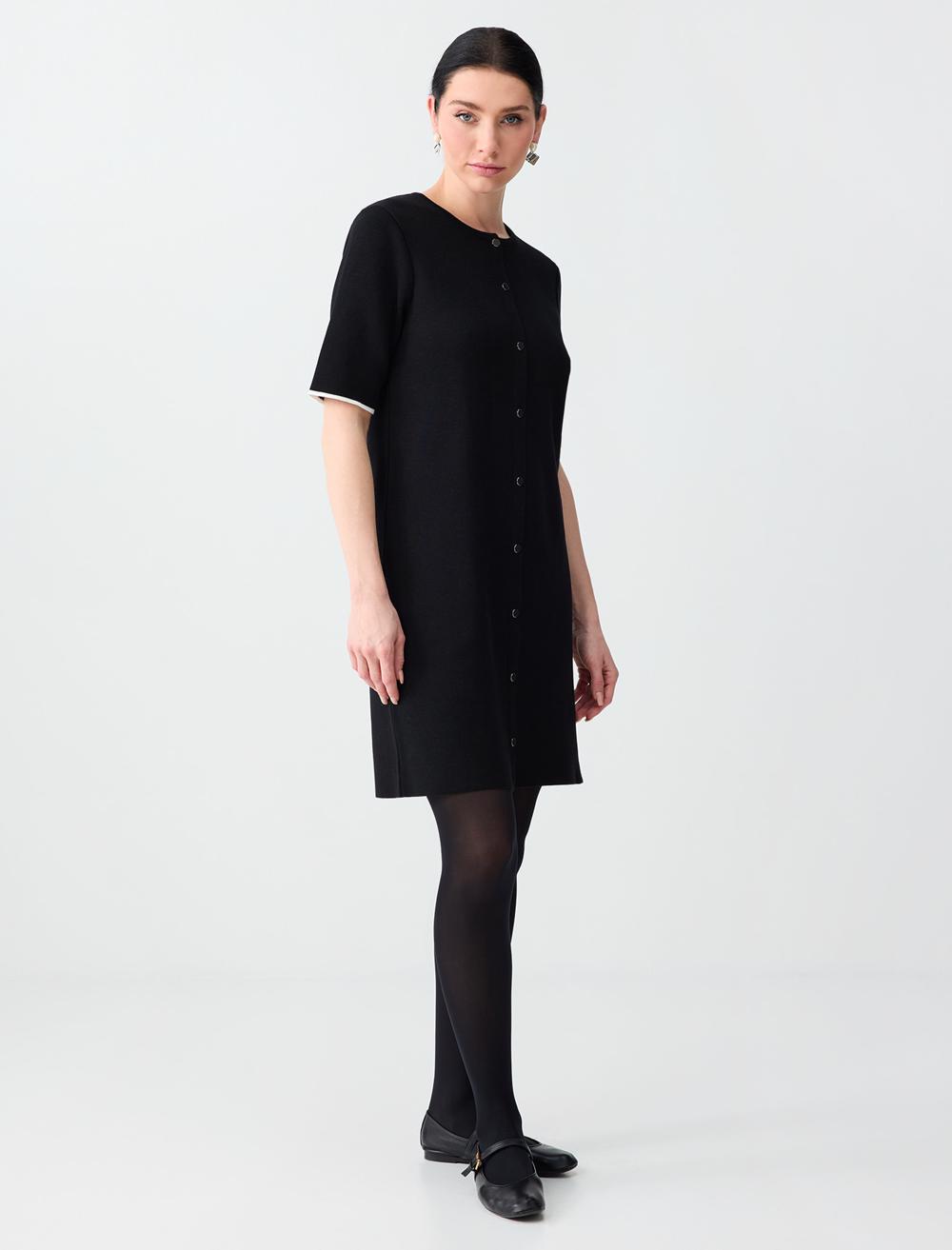 Bisiklet Yaka Dirsek Kol Mini Triko Elbise