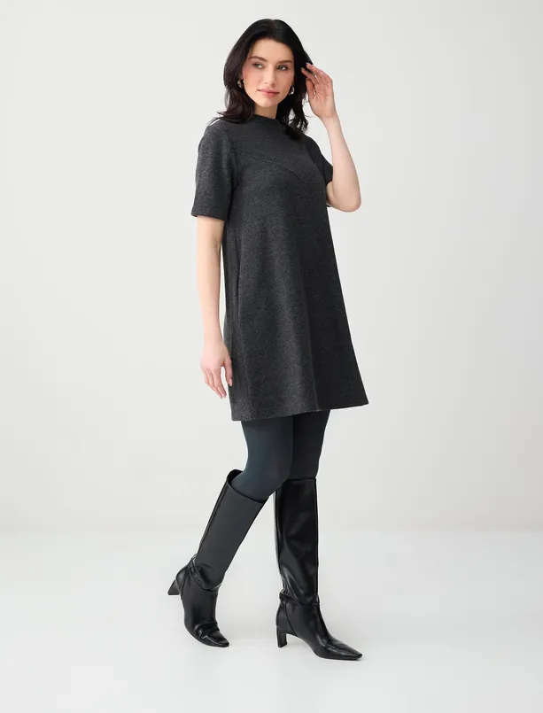 Women Anthracite Melange Soft Textured Crew-Neck Knitted Mini Dress