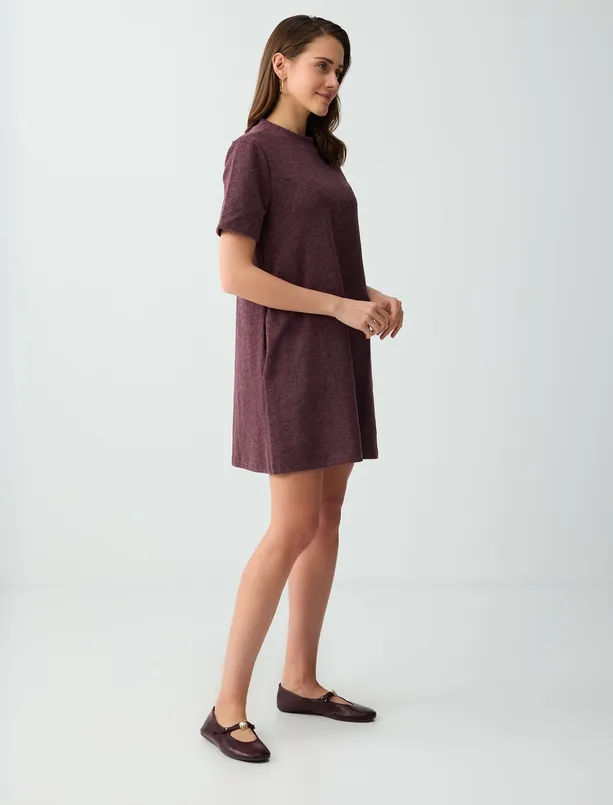 Bayan Pembe Yumuşak Dokulu Bisiklet Yaka Örme Mini Elbise