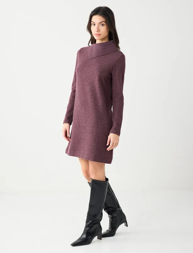 Bayan Pembe Yumuşak Dokulu Asimetrik Yaka Örme Mini Elbise