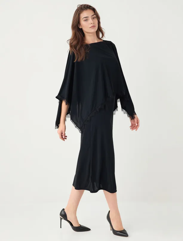 Bayan Siyah Kayık Yaka Truvakar Kol Örme Midi Elbise