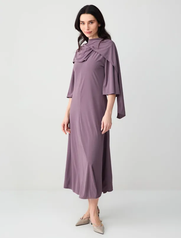Bayan Mor Truvakar Kol Boyundan Bağlı Örme Midi Elbise