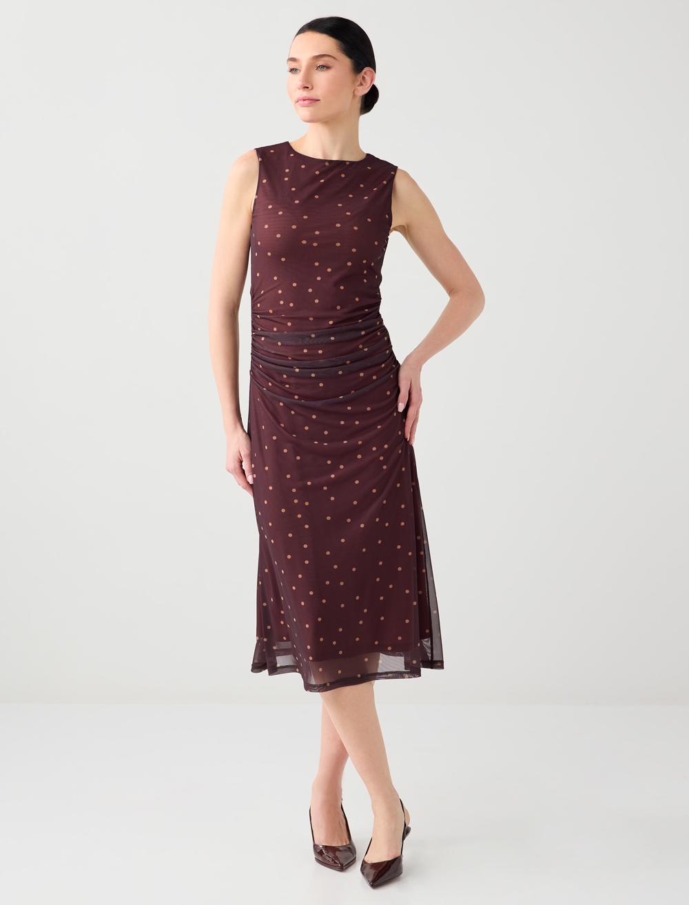 Dar Kesim Kayık Yaka Puantiyeli Mesh Midi Elbise