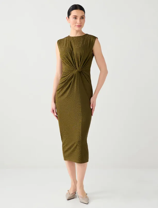 Bayan  Bisiklet Yaka Kolsuz Büzgü Detaylı Örme Midi Elbise