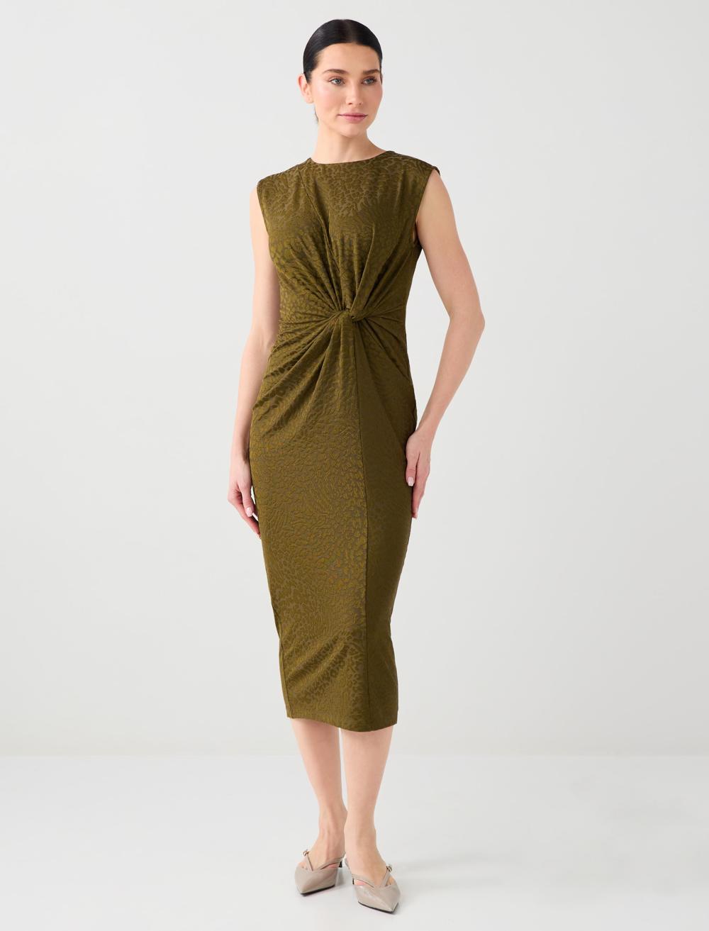 Bisiklet Yaka Kolsuz Büzgü Detaylı Örme Midi Elbise