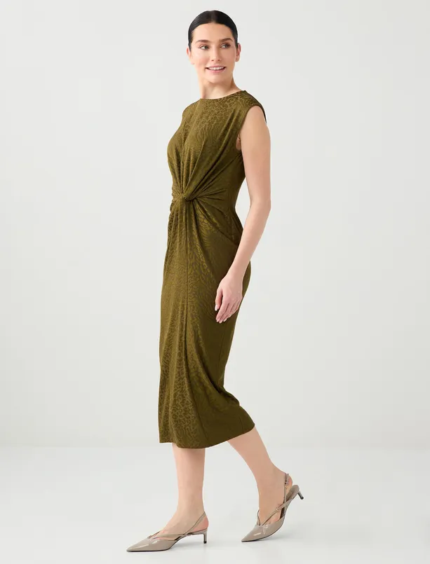 Bayan Koyu Yeşil Bisiklet Yaka Kolsuz Büzgü Detaylı Örme Midi Elbise