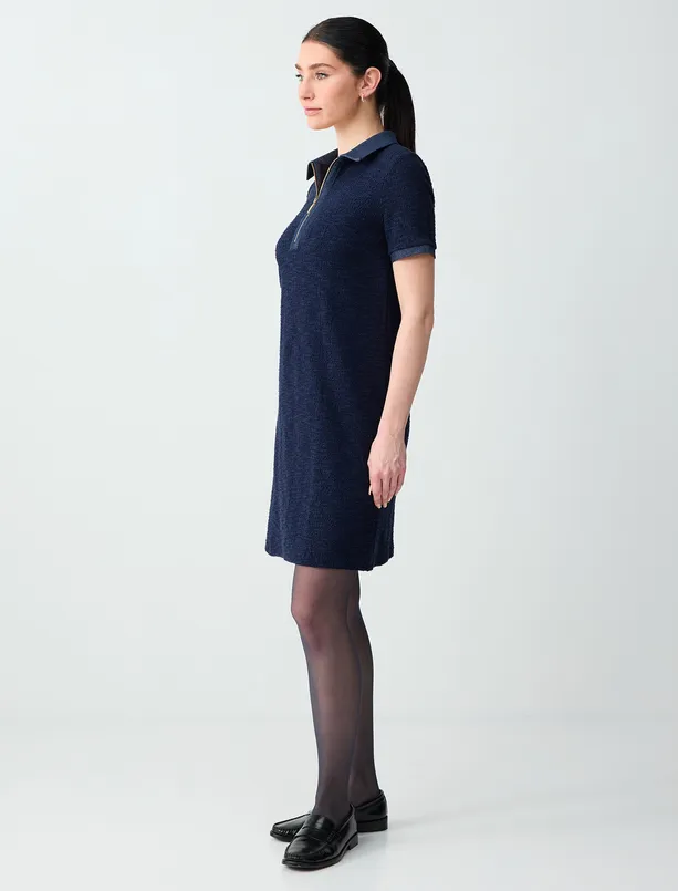 Bayan Lacivert Polo Yaka Kısa Kollu Fermuar Detaylı Örme Mini Elbise